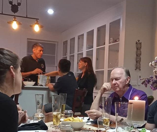 9-11 Remembrance Dinner with US Air Force Detachment 415 at Commander Stelzig's home.
US Air Force Detachment 415 is our adopted military unit.
MSgt Brian Robert & Spouse and TSgt Steven Milliman were in attendance. 
The detachment is a three person seismic activity unit.